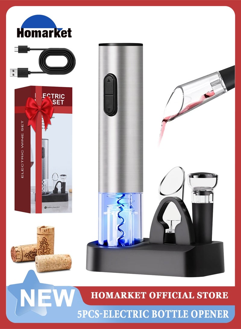 هومار كيت طقم فتاحة نبيذ كهربائية - فتاحة نبيذ تعمل بالبطارية مع قاطع رقائق معدنية، غلاف من الفولاذ المقاوم للصدأ، ضوء LED ونافذة شفافة، موزع نبيذ مهوية، سدادة شفط وقاعدة للاستخدام المنزلي، البار والحفلات - Image 1